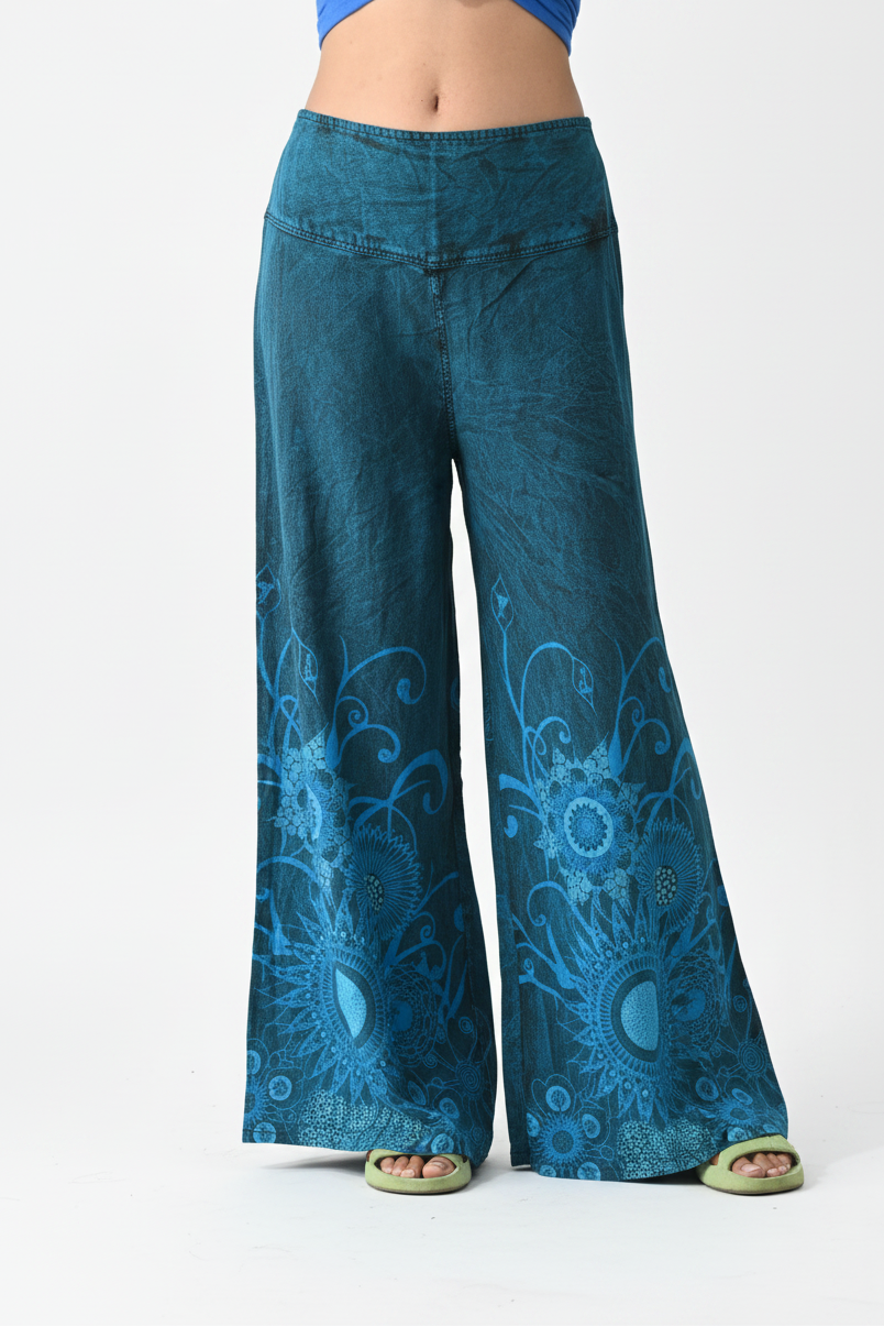 Sunflower Mandala Wide-Leg Pants - Teal Professional Shot