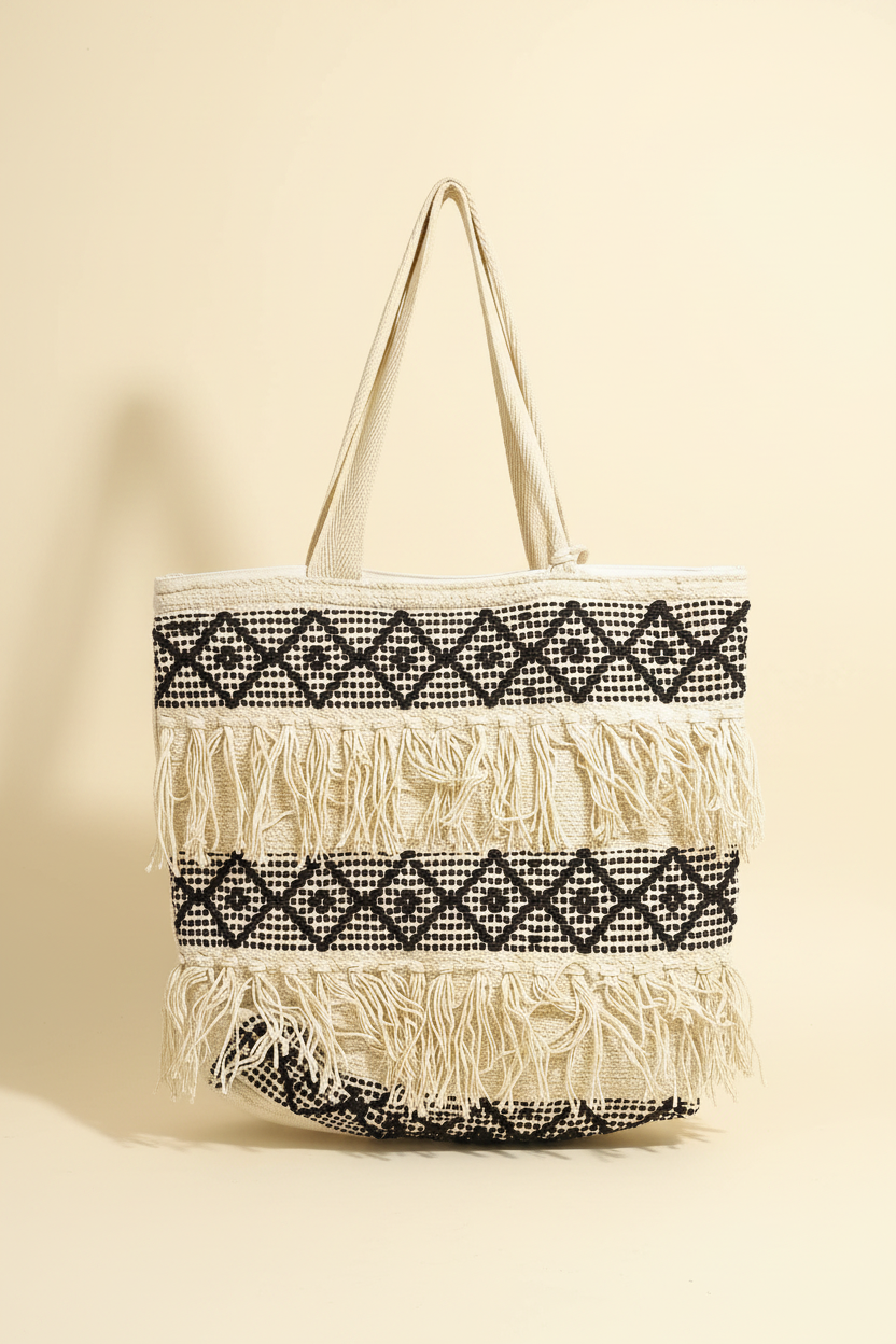 Cream Black Fringe Tote – Studio