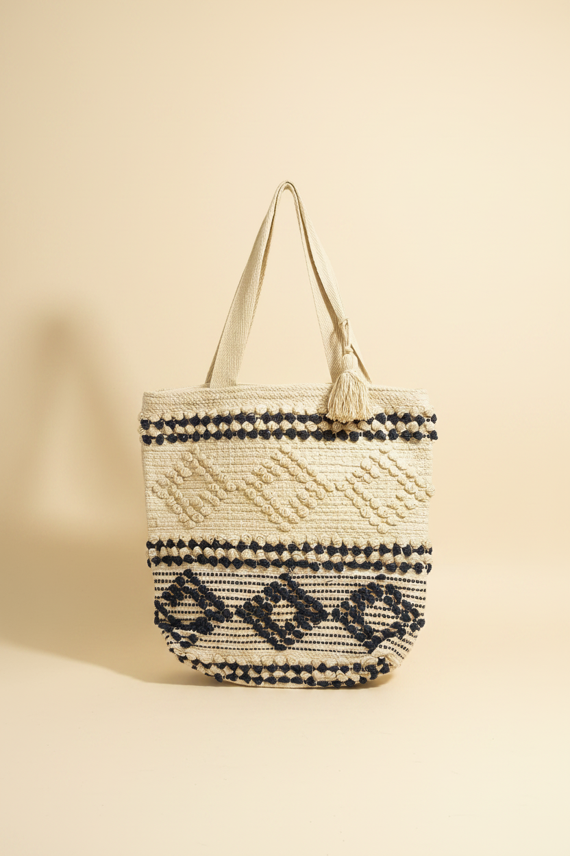 Cream Navy Pom-Pom Tote – Studio