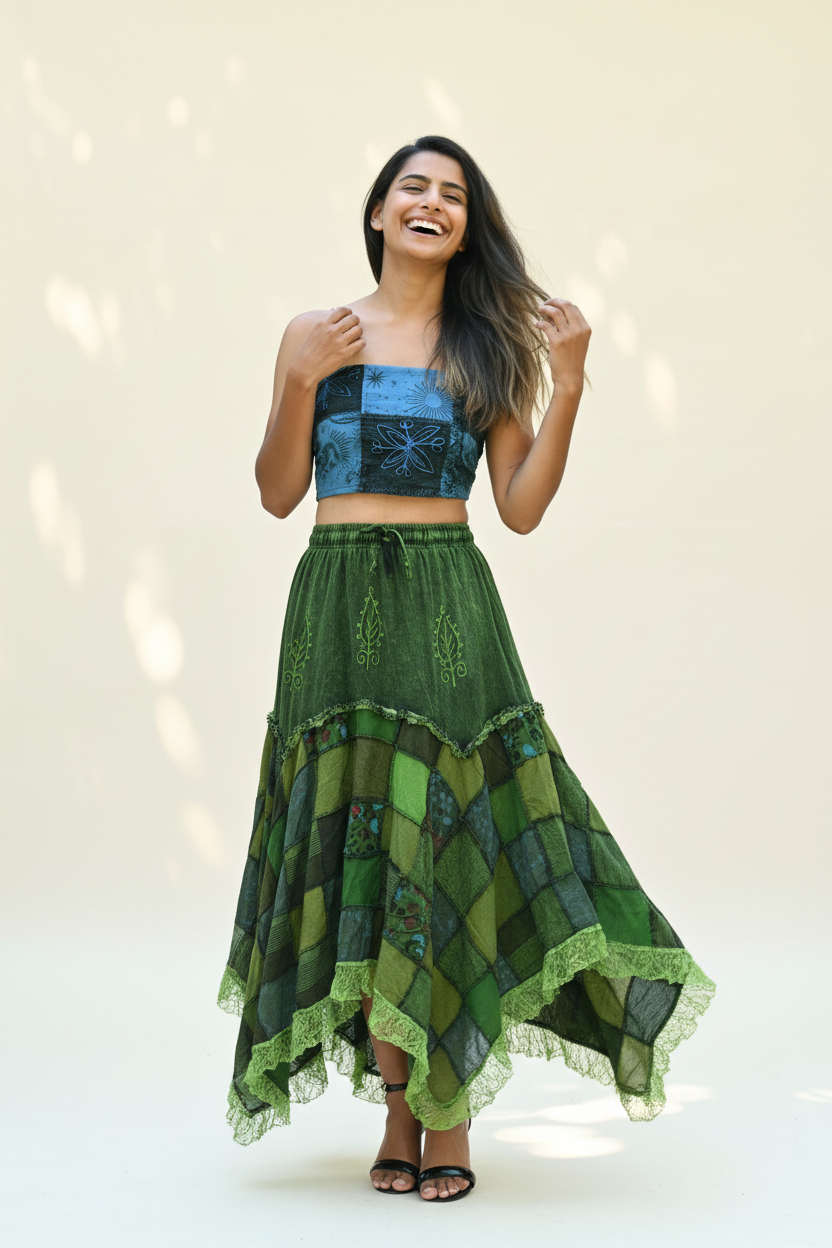 Green Patchwork Maxi Skirt – Lifestyle Shot