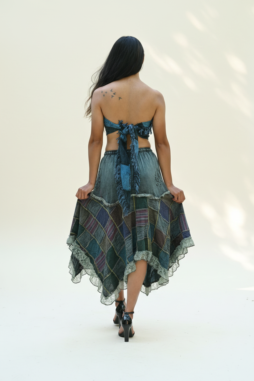 Stone Grayish Blue Patchwork Maxi Skirt – Back View