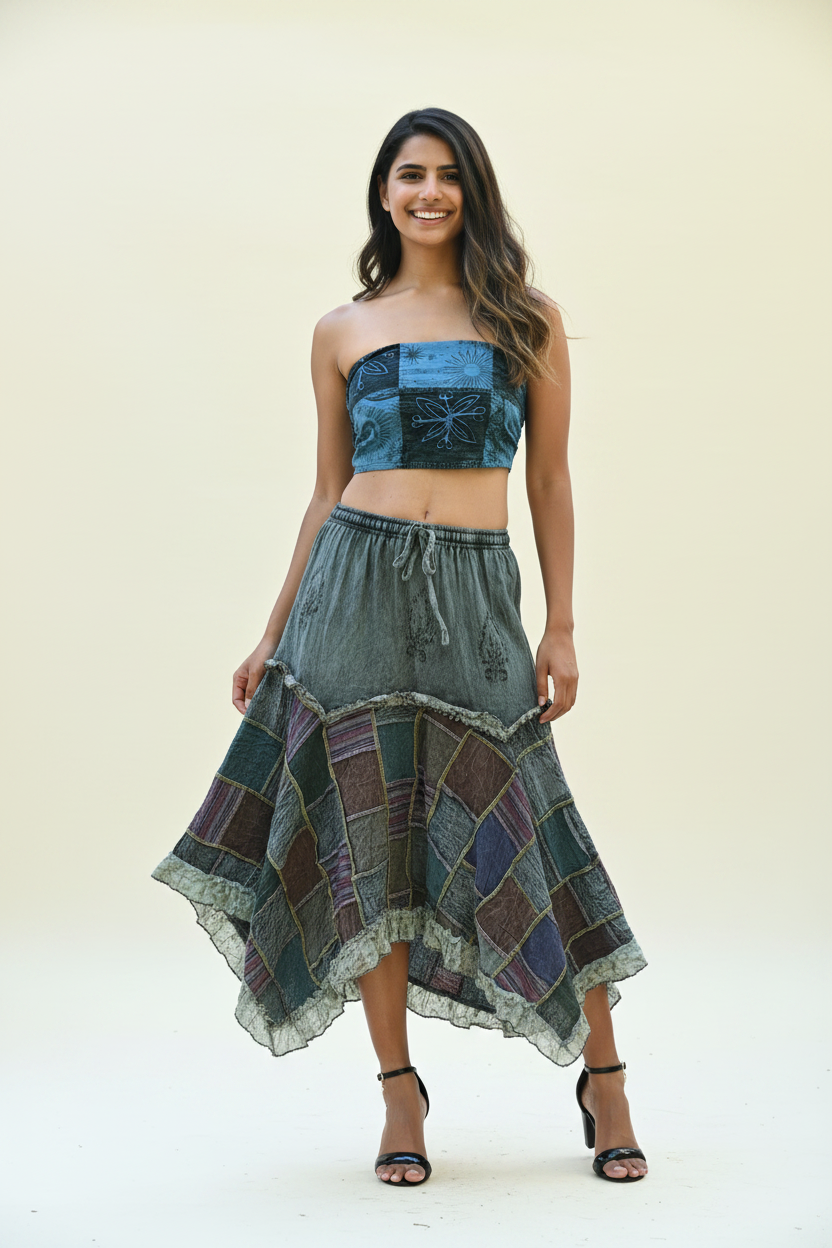 Stone Grayish Blue Patchwork Maxi Skirt – Lifestyle Shot