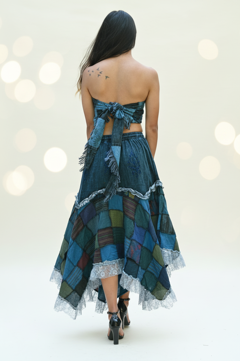 Teal Blue Patchwork Maxi Skirt – Back View