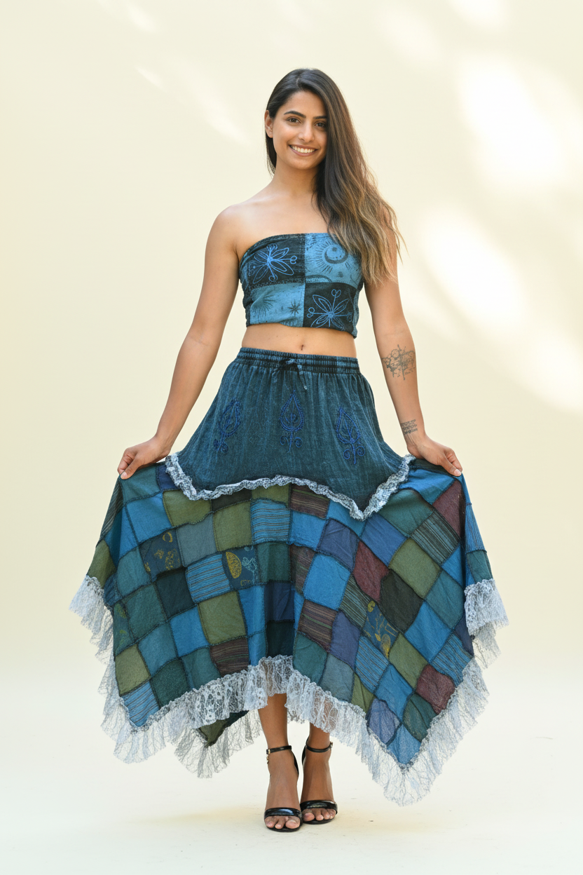 Teal Blue Patchwork Maxi Skirt – Lifestyle Shot